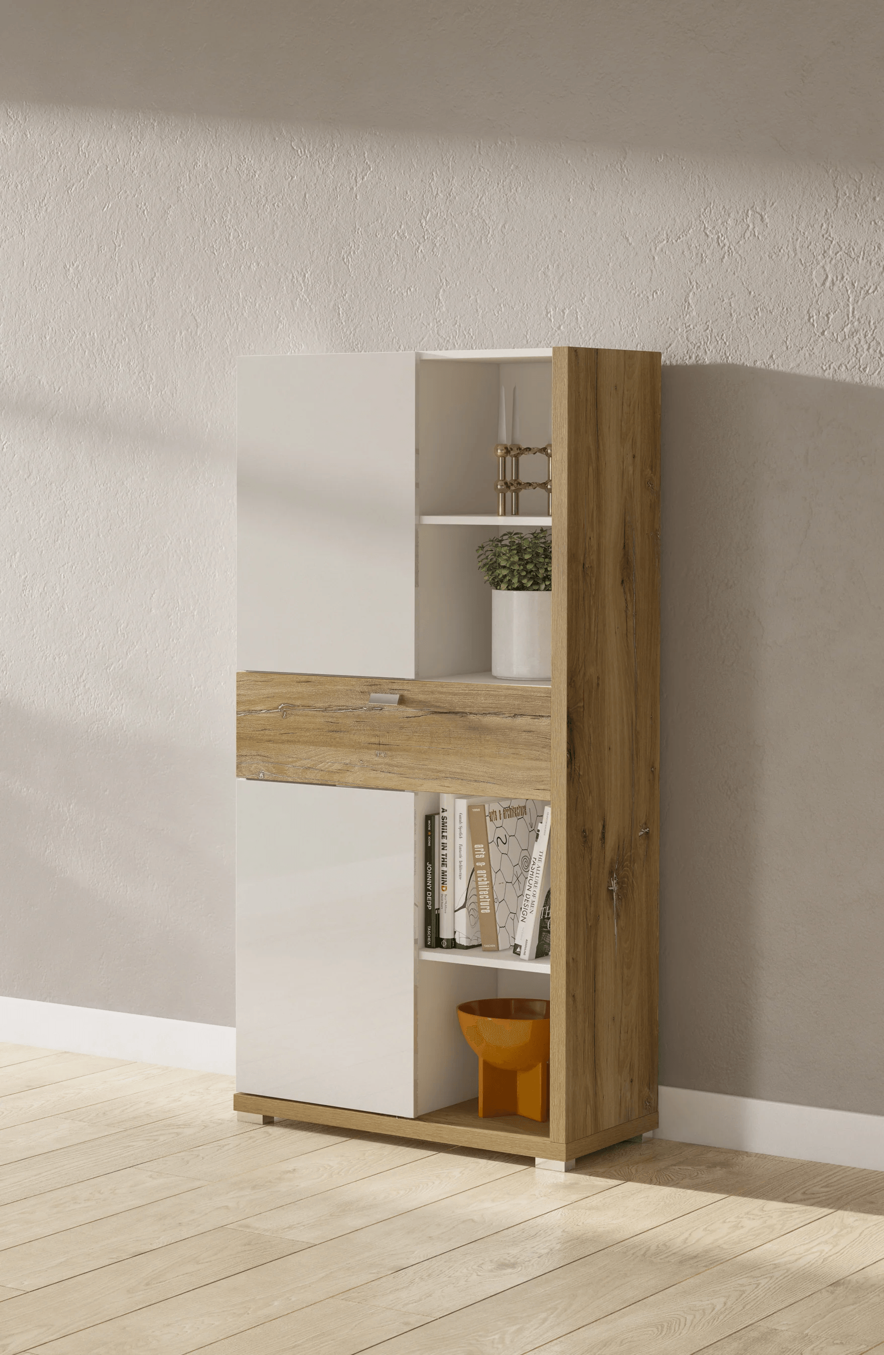 Aparador Alto Moderno Lars color Blanco/Duna TU MESITA 2 puertas 1 cajón