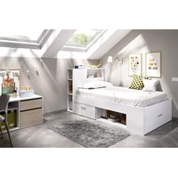 Cama Juvenil 1 Plaza Moderna con organizador, zapatera y cajón Morfeo color Blanco TU MESITA