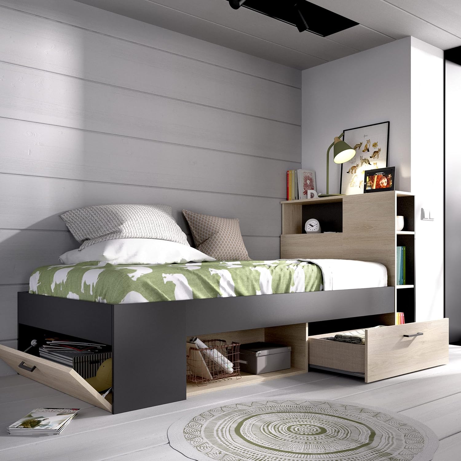 Cama Juvenil 1 Plaza Moderna con organizador, zapatera y cajón Morfeo color Macadamia/Gris TU MESITA