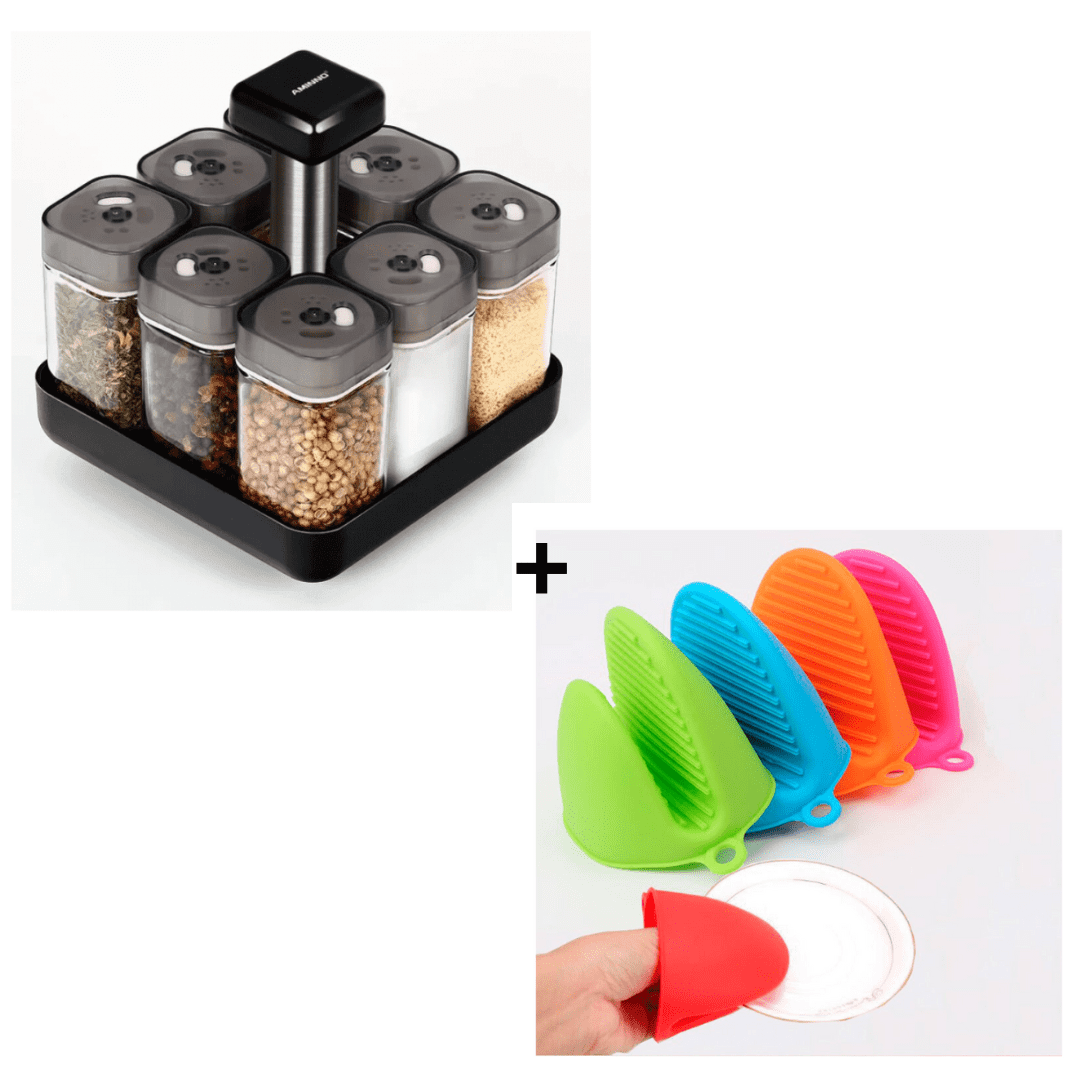 Combo Condimentero de 8 Piezas Giratorio + Manopla de Silicona para Ollas