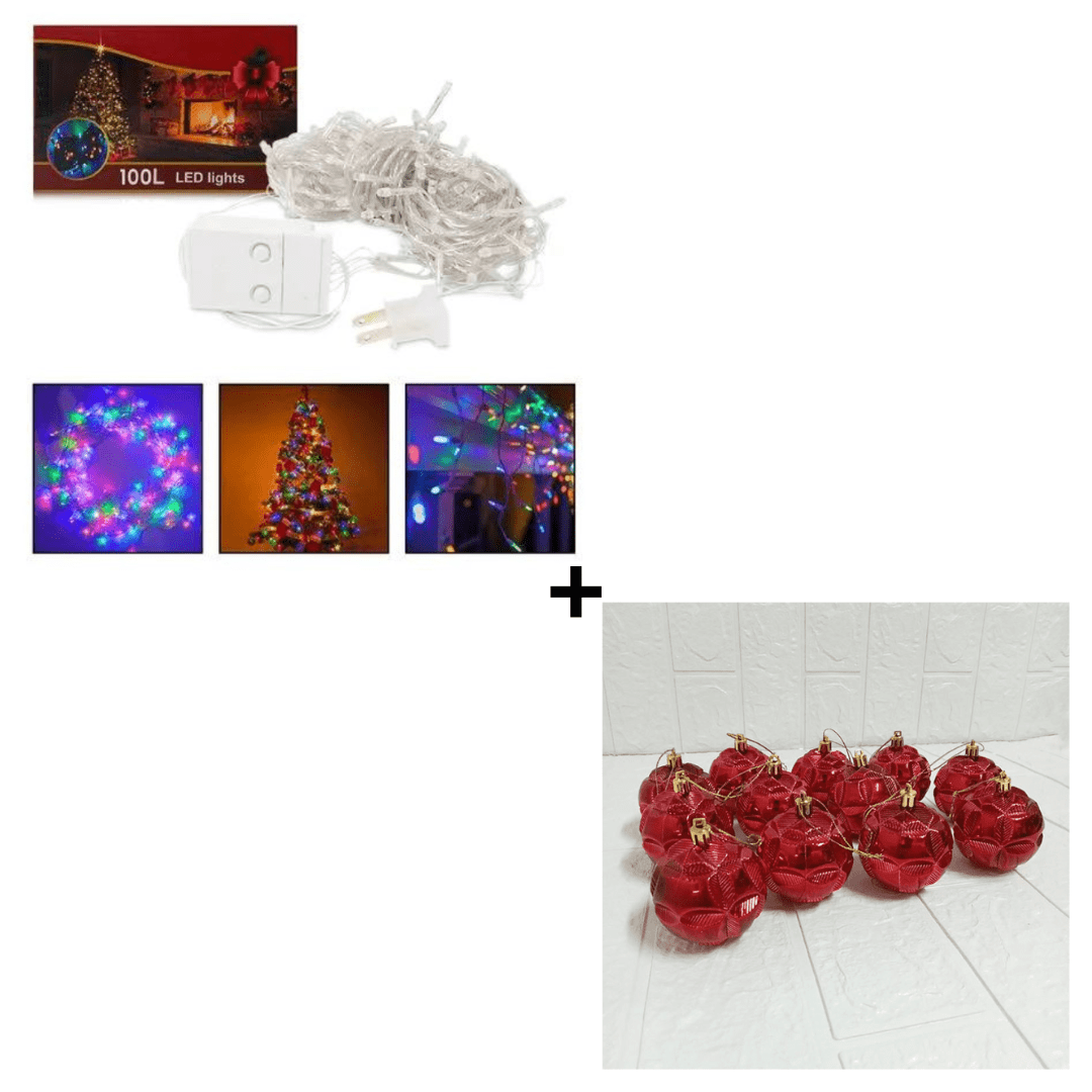 Combo Luces Led Navideñas x 100 Pz + Set de 12 Bolas Navideñas 6 cm