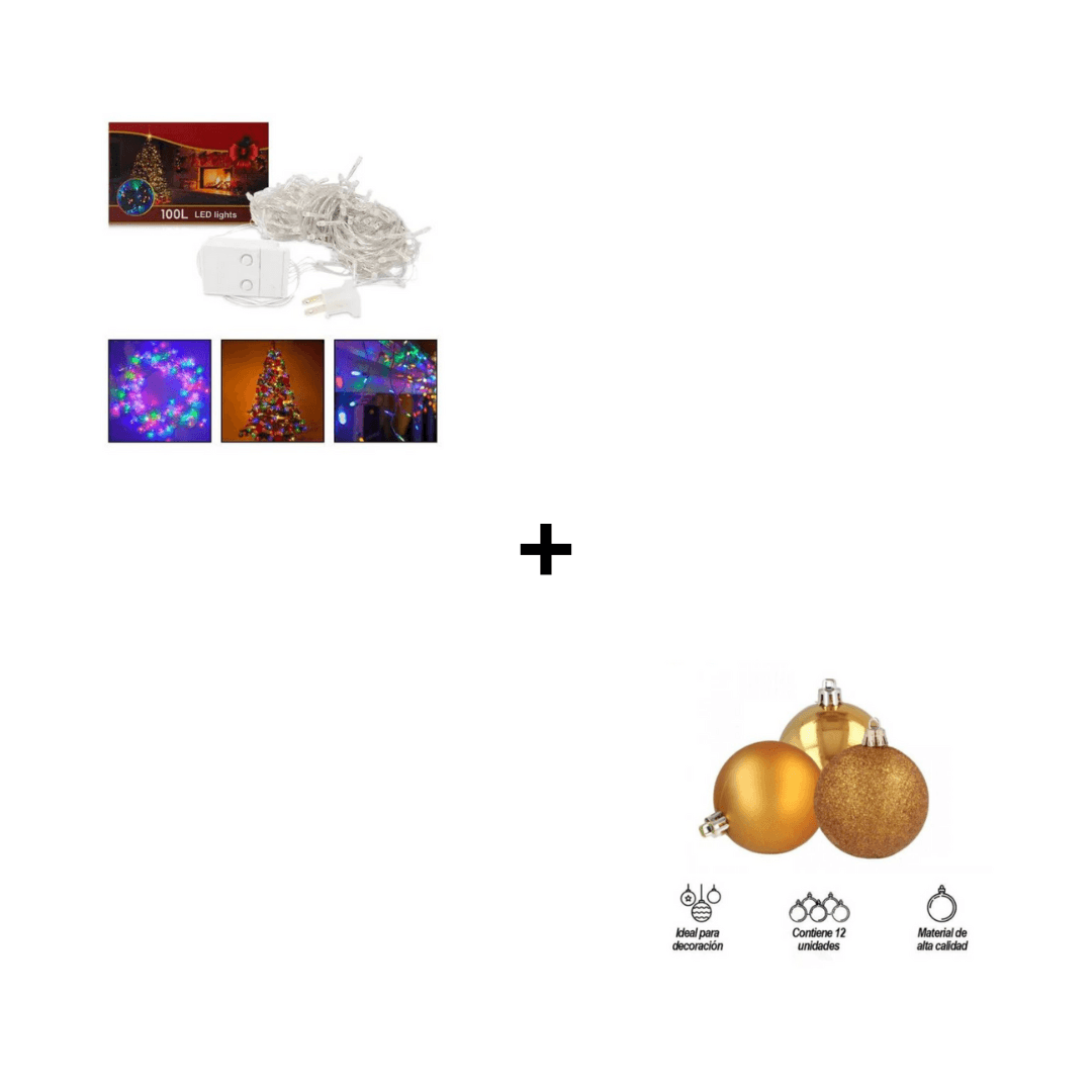 Combo Luces Led Navideñas x 100 Pz + Bolas Navideñas por 12 Unidades Diseño Aleatorio Color Dorado