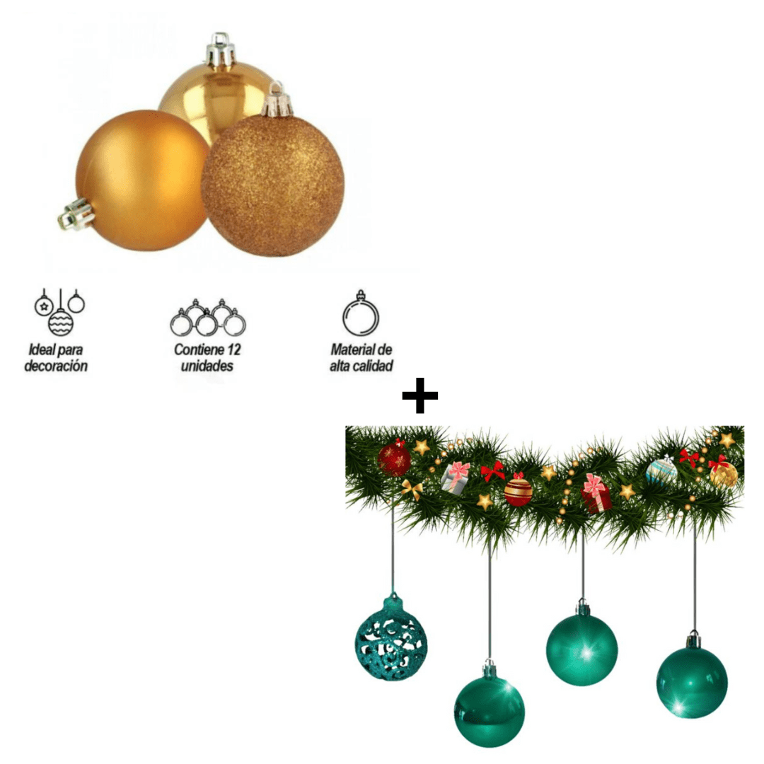 Combo Bolas Navideñas Color Dorado + Bolas Navideñas Color Verde