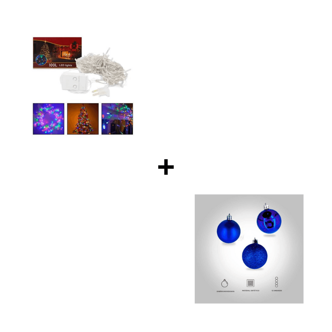 Combo Luces Led Navideñas x 100 Pz + Bolas Navideñas por 12 Unidades Diseño Aleatorio Color Azul