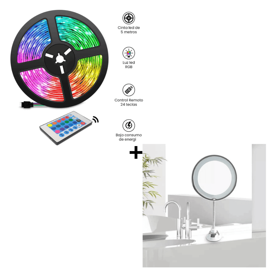 Combo Tira Led RGB de 5 Metros + Espejo con Aumento Zoom x5 con Luz Led