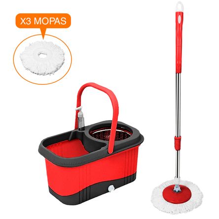 Balde Escurridor Trapeador 3 Mopas + Dispensador Rojo