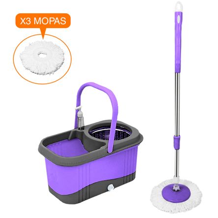 Balde Escurridor Trapeador 3 Mopas + Dispensador Morado