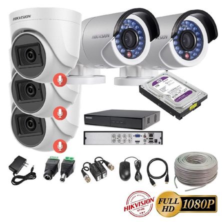 kit 5 Cámaras Seguridad FULLHD Hikvision + 1TB + AUDIO + Cable