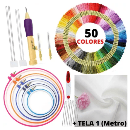 Kit Completo de Bordado Bastidores de Aguja Mágica con 50 Hilos de Bordar Kit Completo de Bordado Bastidores de Aguja Mágica con 50 Hilos de Bordar