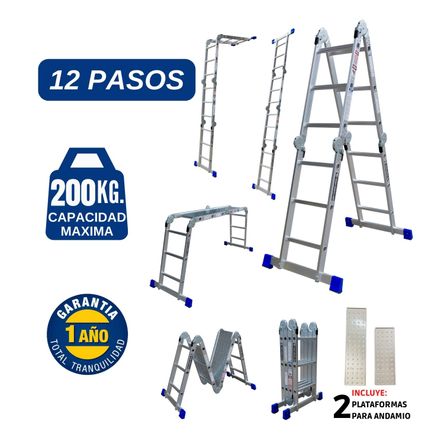 Escalera Alumino Multiposición de 12 Pasos 4x4 Cap. Carga Max: 200 Kg Bronco American