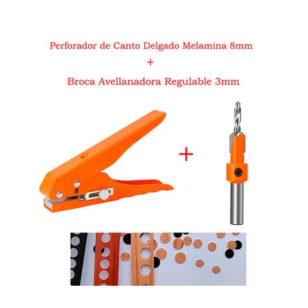 Perforador Canto Delgado Melamina para Tapa Tornillos y  Broca Avellanador 3mm