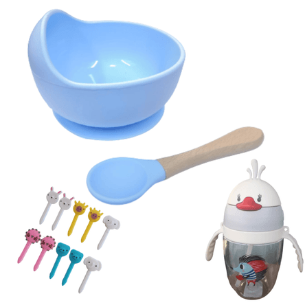 Set Cuenco de Silicona con Cuchara + Botella de Aprendizaje Celeste KUKYSHOP