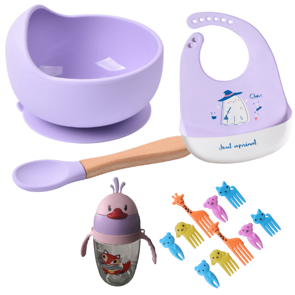 Vajilla Bebe Infantil de Silicona Plato y Cuenco con Ventosa Babero  Silicona Cuchara Aprendizaje Juego de Vajilla para Bebés 6 Meses Sin BPA,  Azul