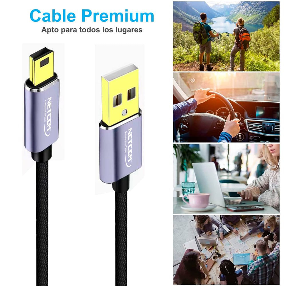 Cable USB 2.0 a Mini USB V3 5 pines 1.8 Metros NETCOM 480Mbps Nylon -  Promart