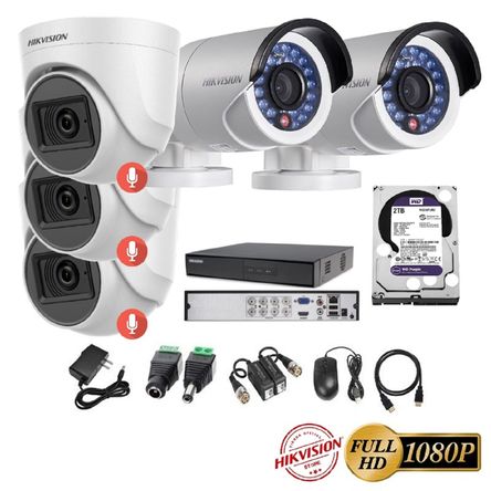 kit 5 Cámaras Seguridad FULLHD Hikvision + 2TB + AUDIO