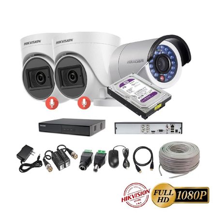 kit 3 Cámaras Seguridad FULLHD Hikvision + 1TB + AUDIO + Cable