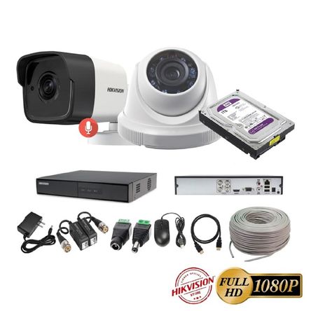 kit 2 Cámaras Seguridad FULLHD Hikvision + 1TB + AUDIO + Cable