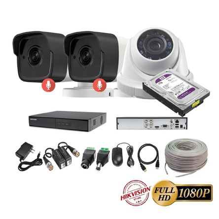 kit 3 Cámaras Seguridad FULLHD Hikvision + 1TB + AUDIO + Cable