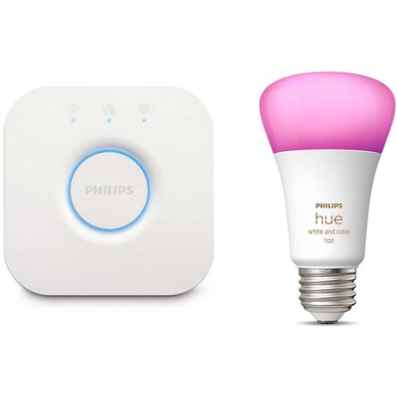 Philips Hue Bridge Y Bombilla A19 con Bluetooth Blanco Y Ambiente de Color Philips Hue Bridge Y Bombilla A19 con Bluetooth Blanco Y Ambiente de Color