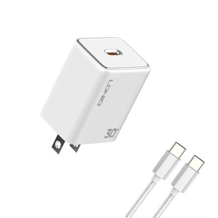 Cargador de 30W Carga Rápida A1508C  USB-C Incluye Cable Tipo C-C Ldnio