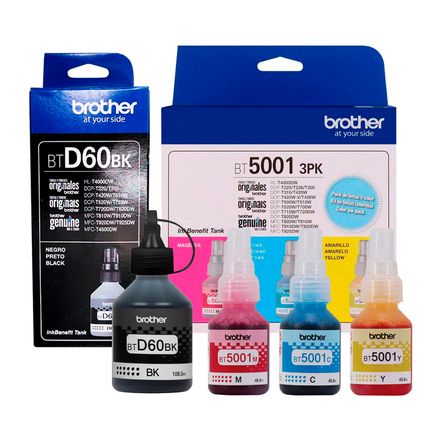 Juego de Tinta Brother BTD-60BK Negro y Tripack BT-5001 Colores CMY Original Juego de Tinta Brother BTD-60BK Negro y Tripack BT-5001 Colores CMY Original
