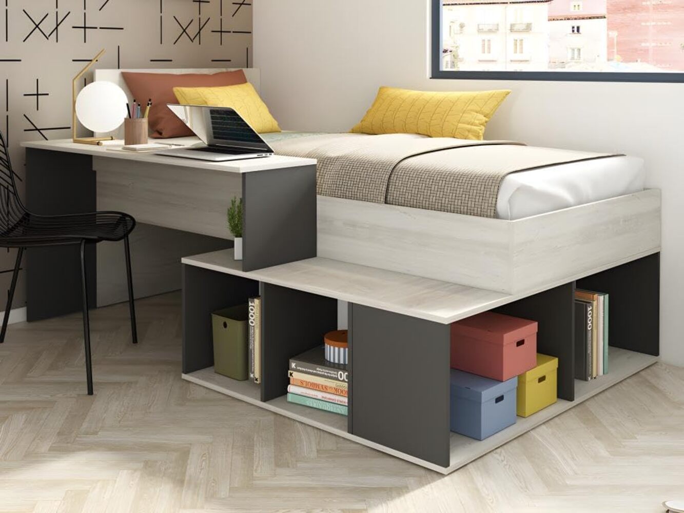 Cama Juvenil 1 Plaza con escritorio y organizador Goliat color Ceniza/Negro TU MESITA