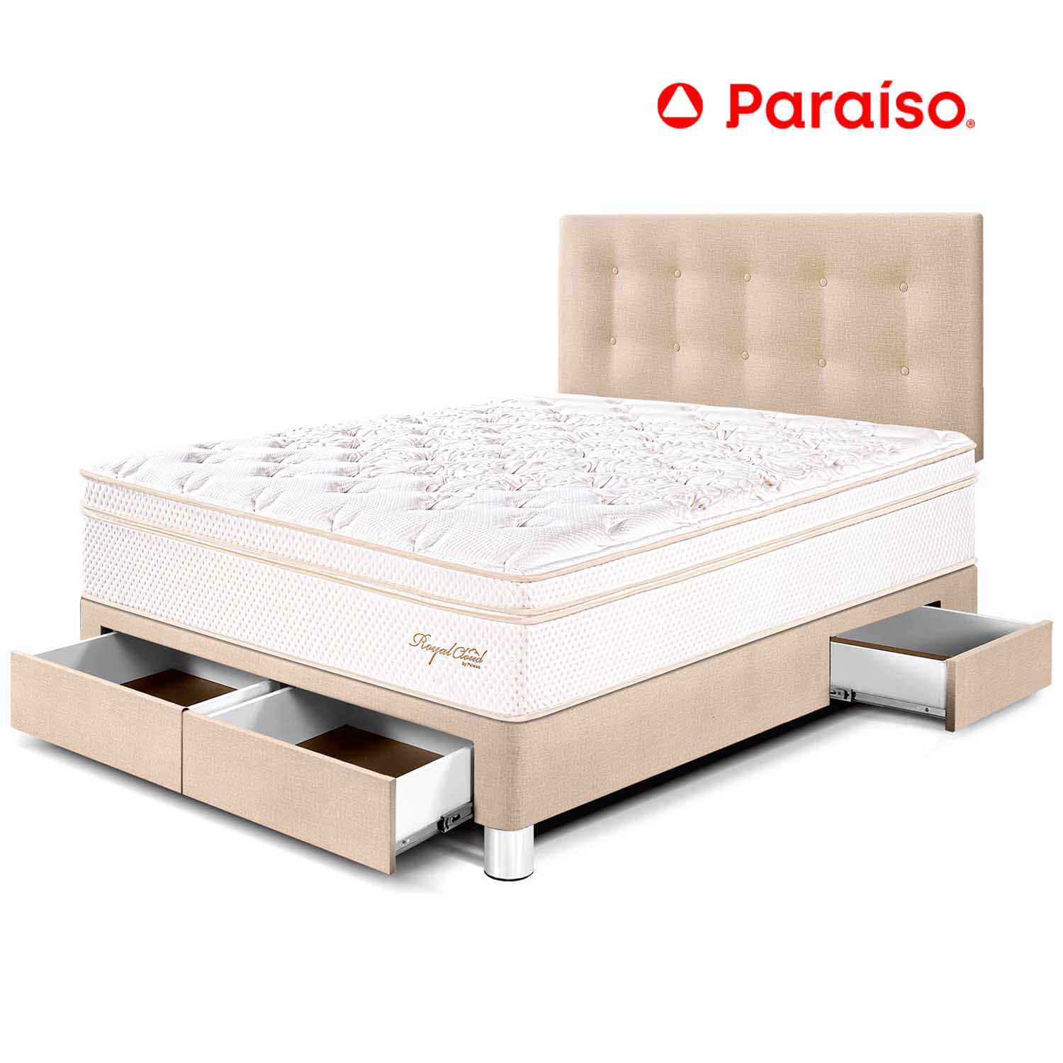 Dormitorio Royal Cloud Cajones 2 Plazas Champagne + 2 almohadas viscoelásticas + protector