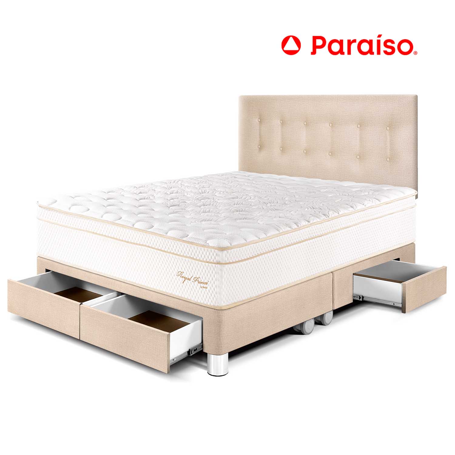 Dormitorio Royal Prince con Cajones Queen Champagne + 2 almohadas viscoelásticas + protector