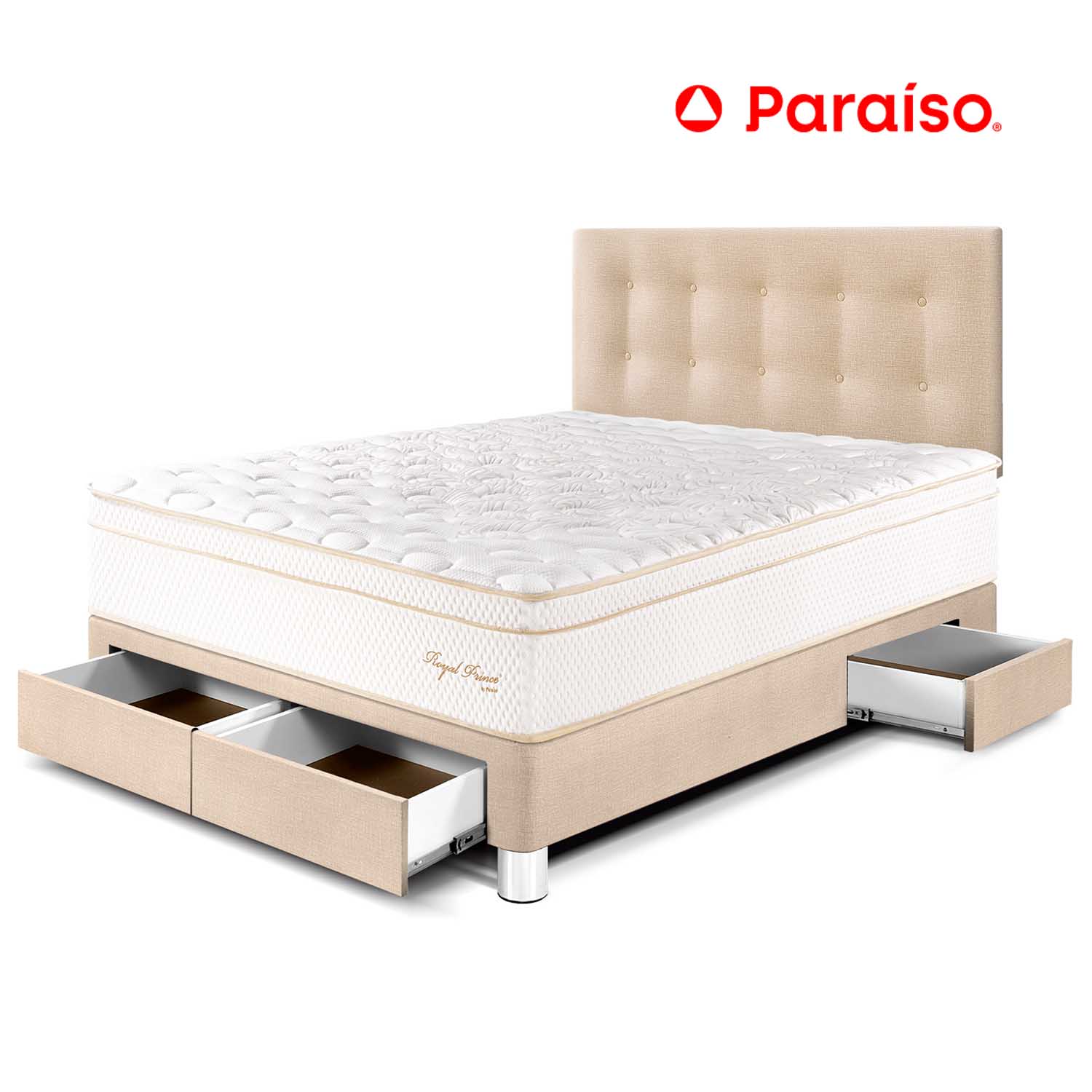 Dormitorio Royal Prince con Cajones 2 Plazas Champagne + 2 almohadas viscoelásticas + protector