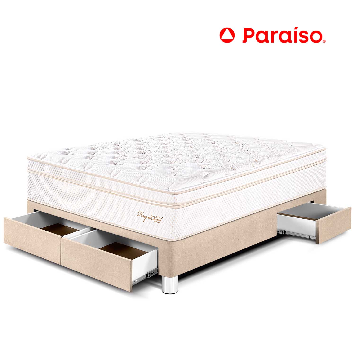 Cama Royal Cloud Cajones 2 Plazas Champagne + 2 almohadas viscoelásticas + protector