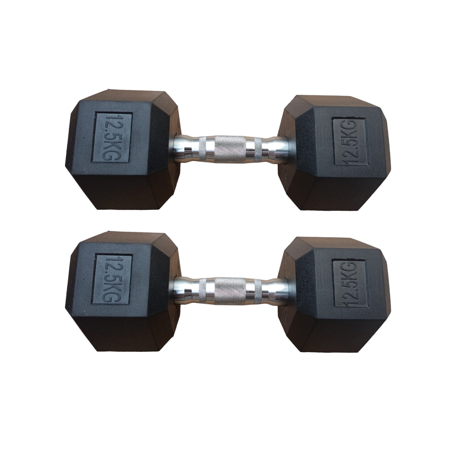 Par Mancuernas Pesas Cromadas Hexagonales de Caucho 12.5 Kg
