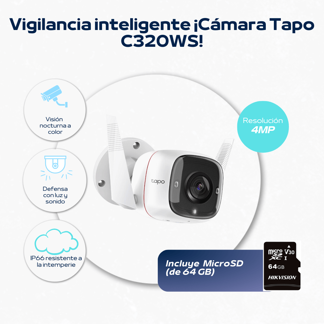 Cámara de seguridad Wi-Fi Tapo C320WS MircoSD 64GB - Tp-Link