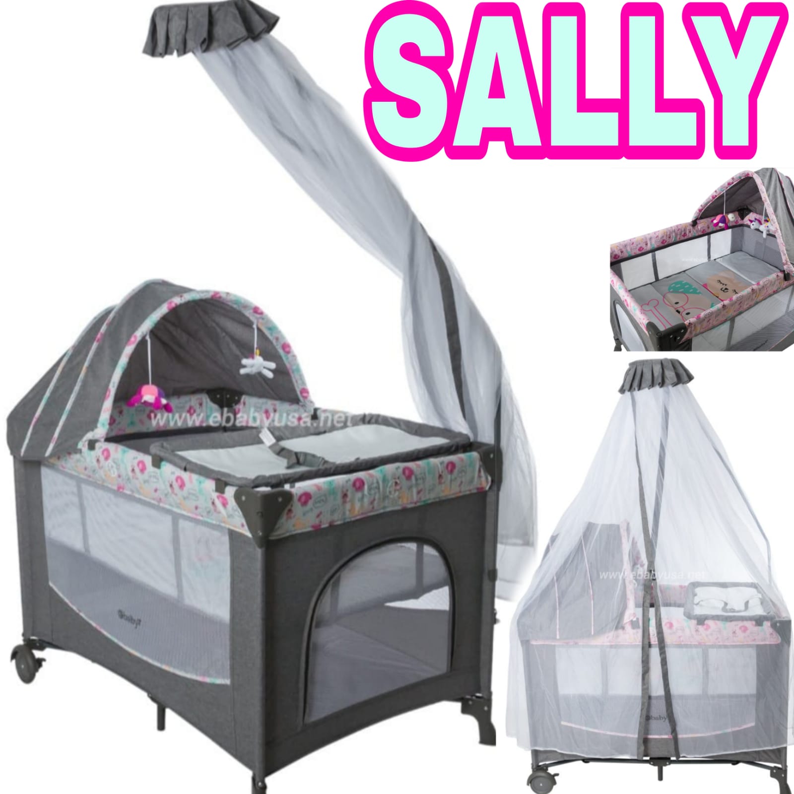 Cuna Corral SALLY Función Mecedora Para bebe Con Tull FUCSIA