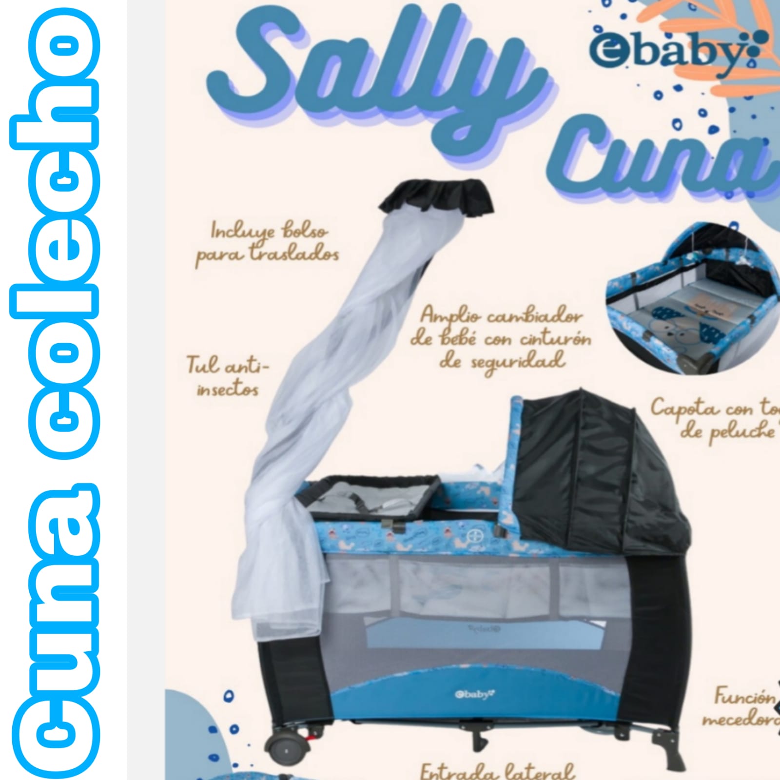 Cuna Corral SALLY Función Mecedora Para bebe Con Tull AZUL