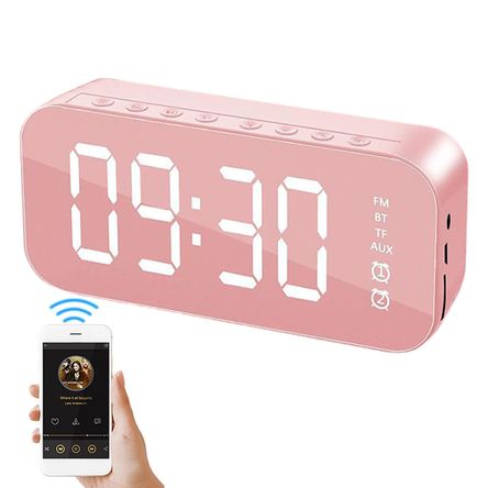 Reloj Despertador Altavoz Bluetooth Pantalla Digital Sonido Estereo Pantalla De Espejo Led Rosa Promart