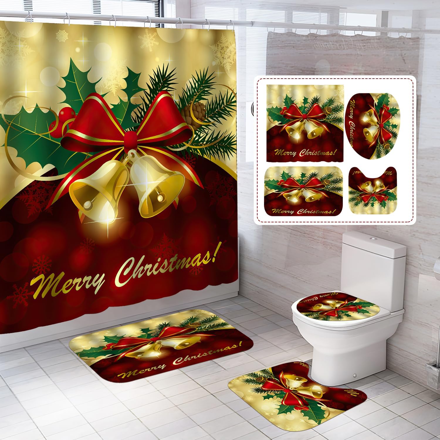 Juegos de Baño Cortina Ducha Navideñas 4 piezas Decoración Festividad
