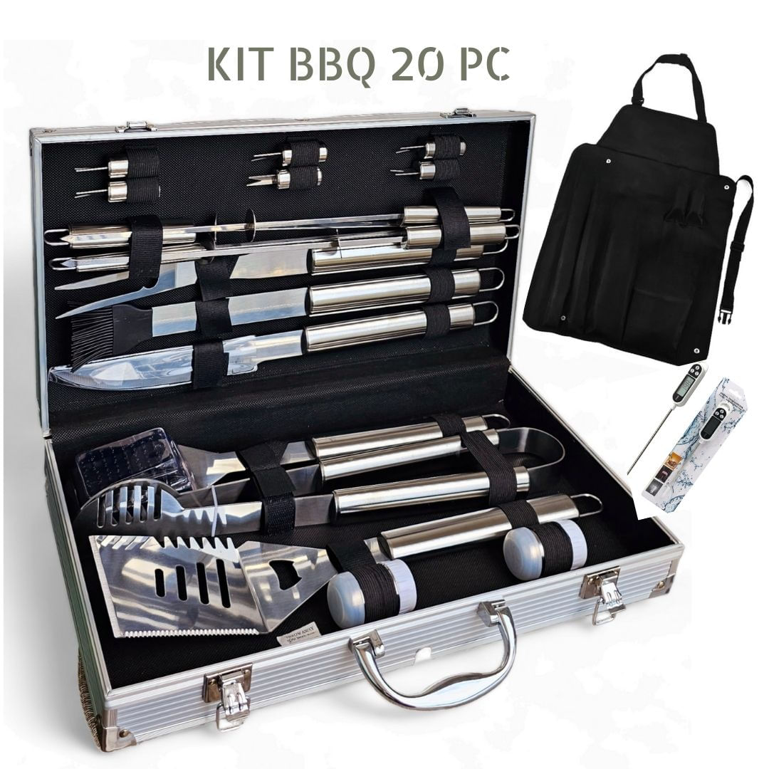 Set Parrillero Premium 20 Piezas en Acero Inoxidable con Caja de Alumino
