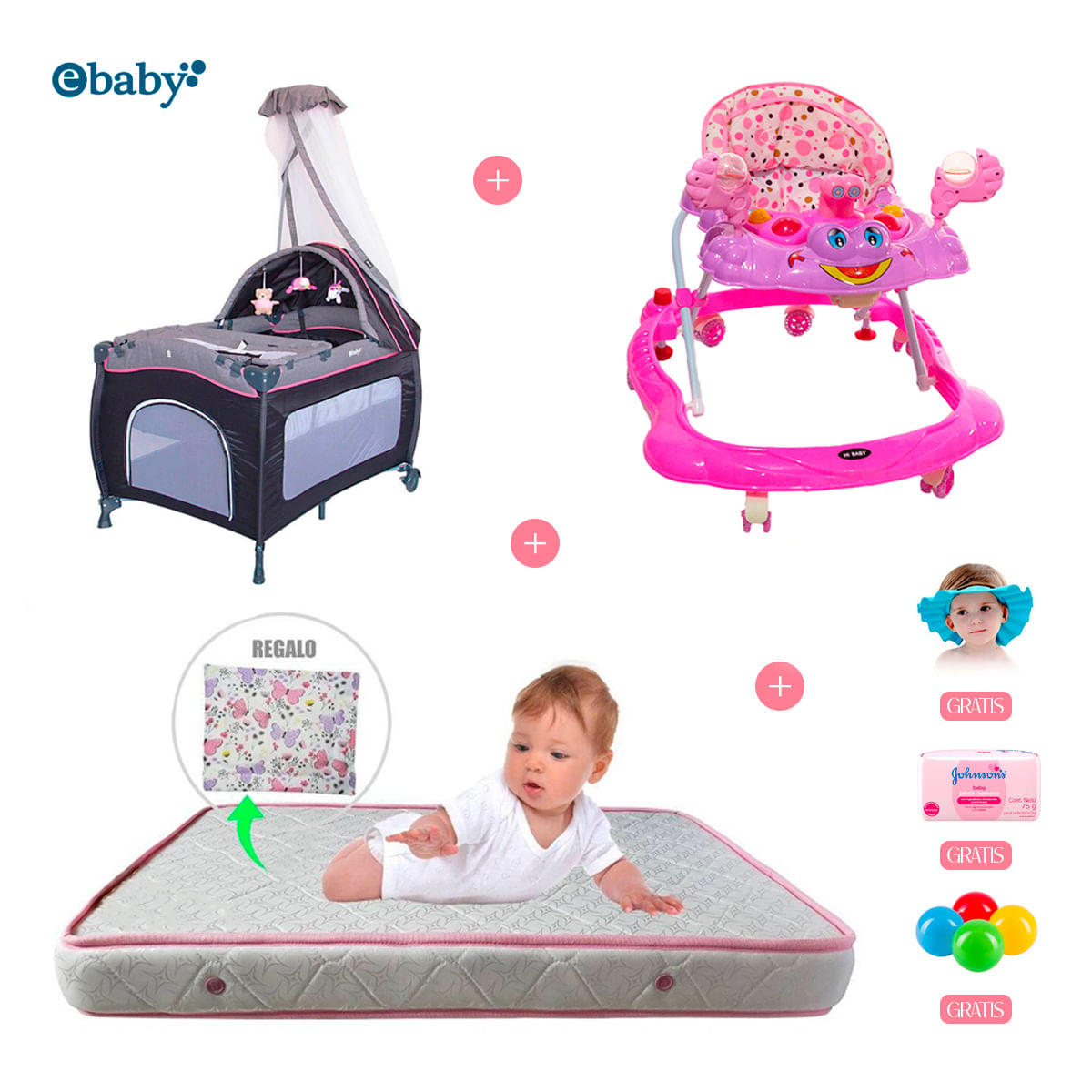 Cuna Corral Sally +  Colchón Cuna Bebe + Andador Cangrejo Musical y Luces Rosado