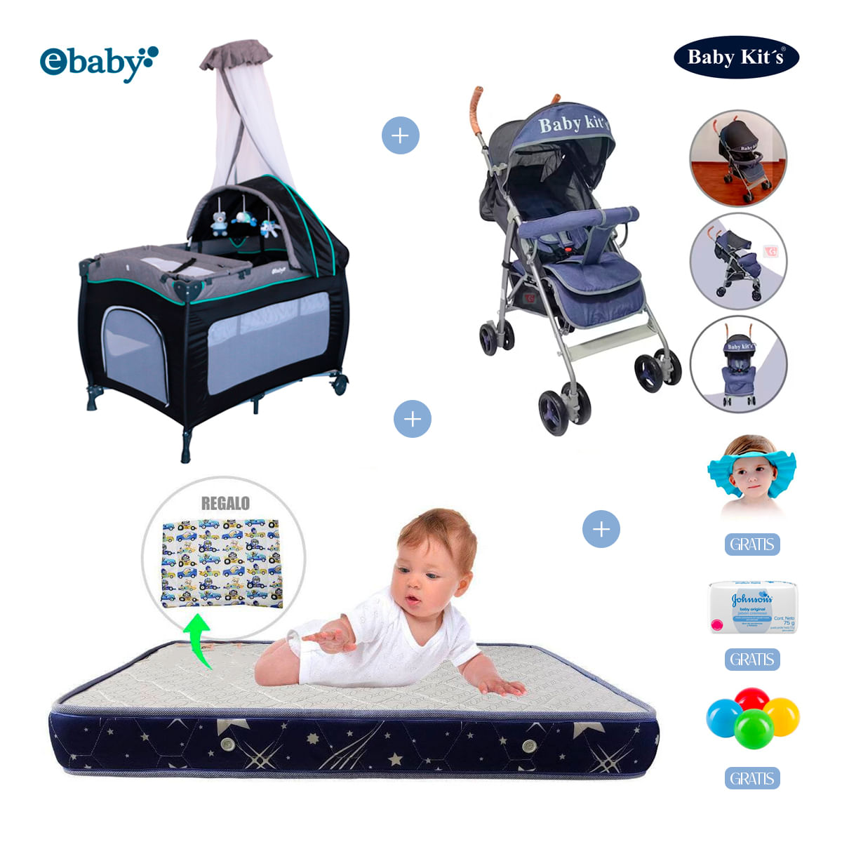 Cuna Corral Sally Ebaby + Colchón Cuna + Coche Baston Nimbo para Bebes Baby Kits Azul