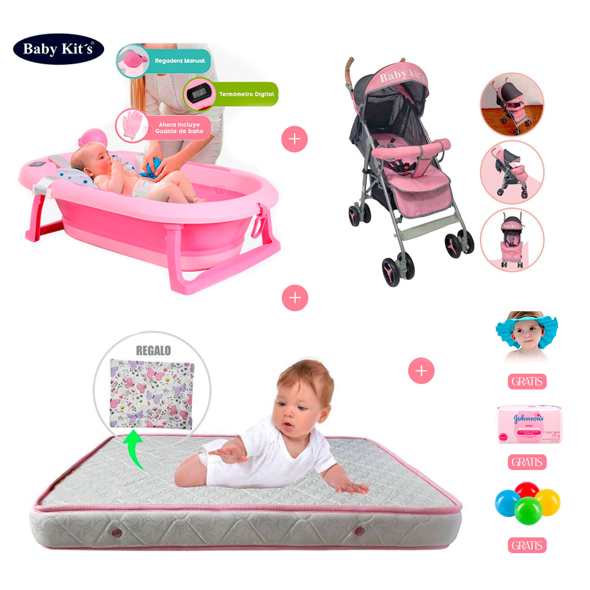 Cuna Corral Sally Ebaby + Colchón Cuna + Coche Baston Nimbo para Bebes Baby Kits Rosado