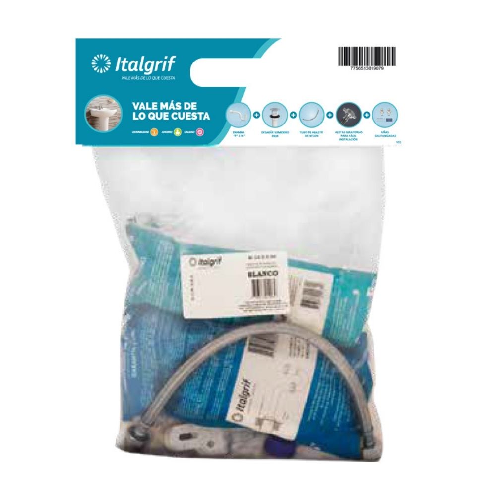 Kit de Instalación Lavatorio Italgrif Acero Inoxidable/Plástico Gris de 30x43 cm