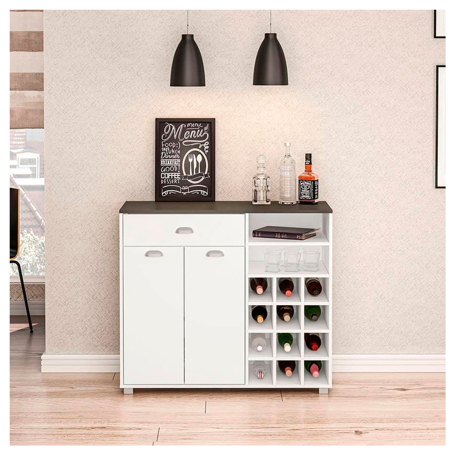 Mueble Bar o Cocina Ilka Ventitas Home Blanco y Plomo