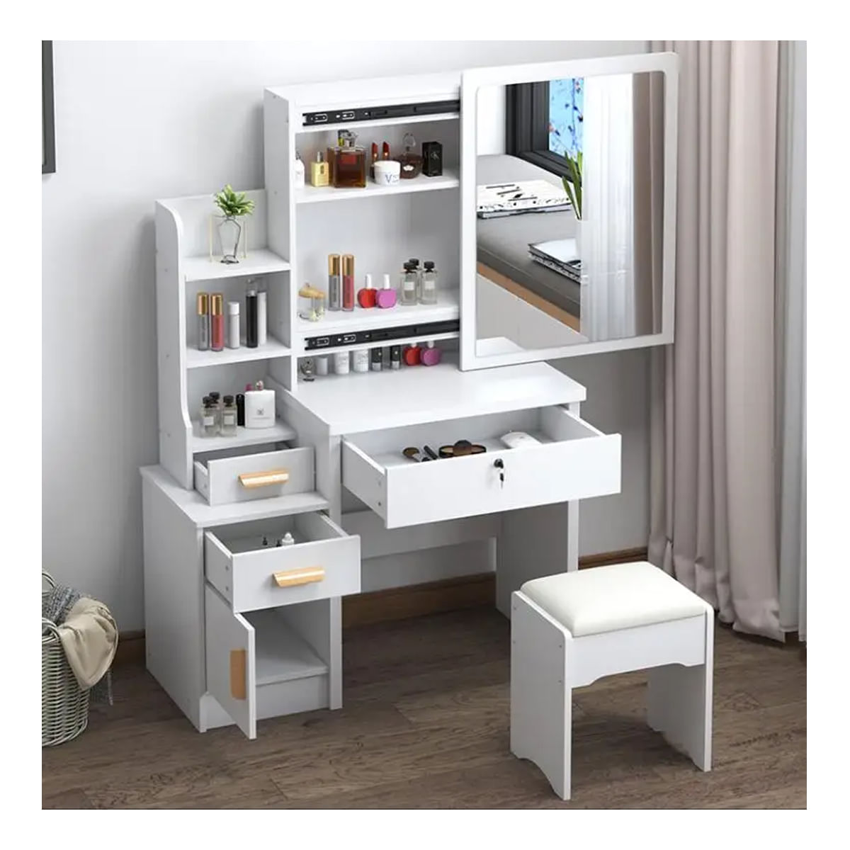 Tocador de Maquillaje Con Espejo Con Taburete Para Dormitorio Blanco