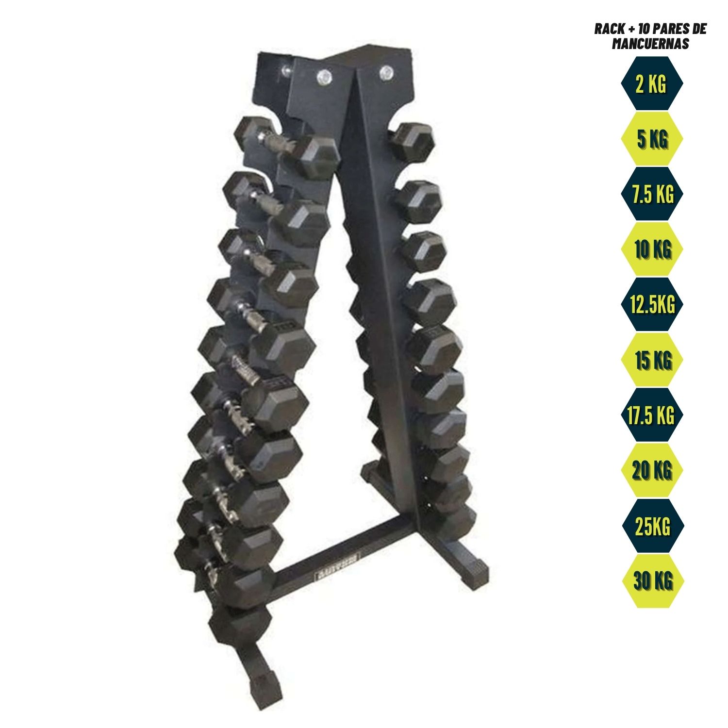 Set de 10 pares Mancuernas Hexagonales + Soporte Rack