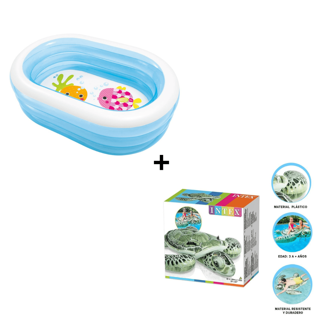 Combo Piscina Intex Ovalada para Niños + Flotador de Piscina Intex en Forma de Tortuga