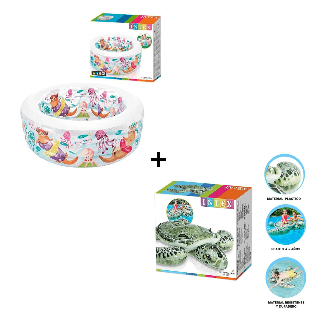 Combo Piscina Inflable Intex Diseño Acuario + Flotador de Piscina Intex en Forma de Tortuga