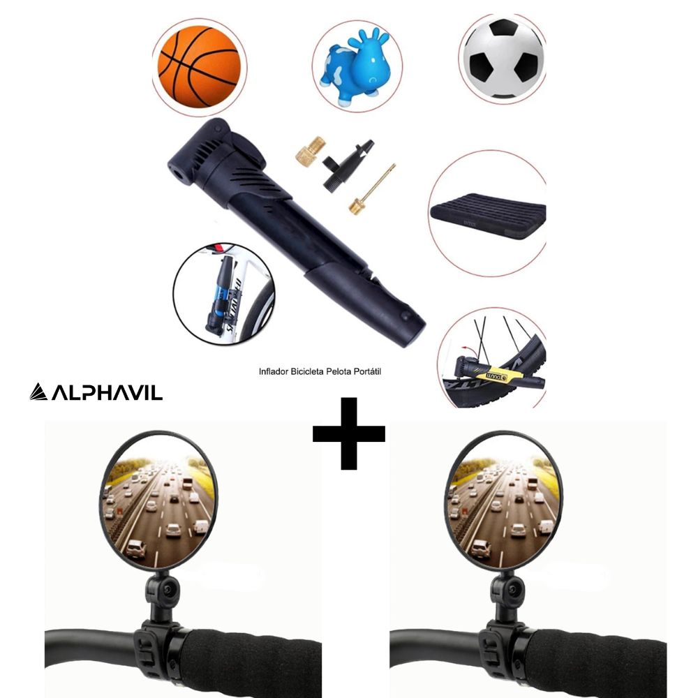 Combo Inflador Bicicleta Portátil Negro + 2 Espejos Alphavil ADB200021