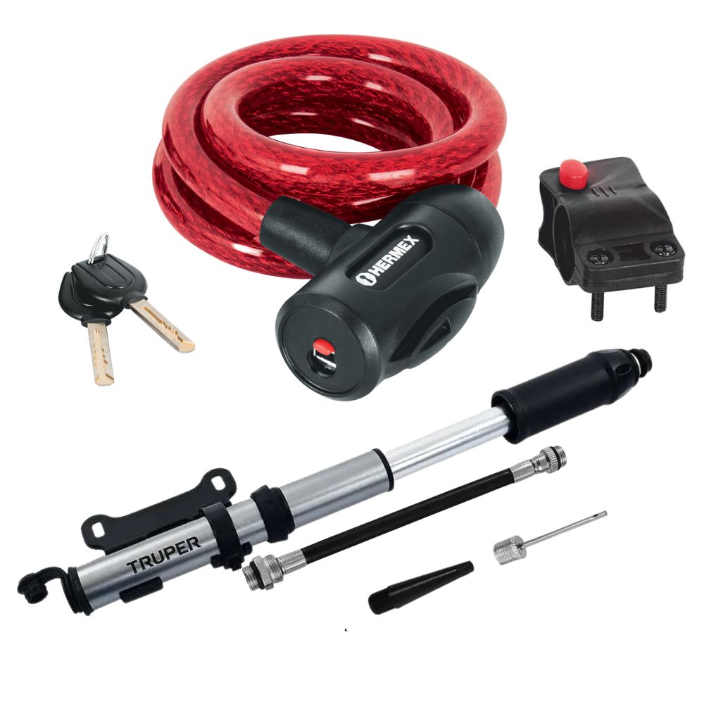 Kit Candado cadena Mini inflador para bicicleta