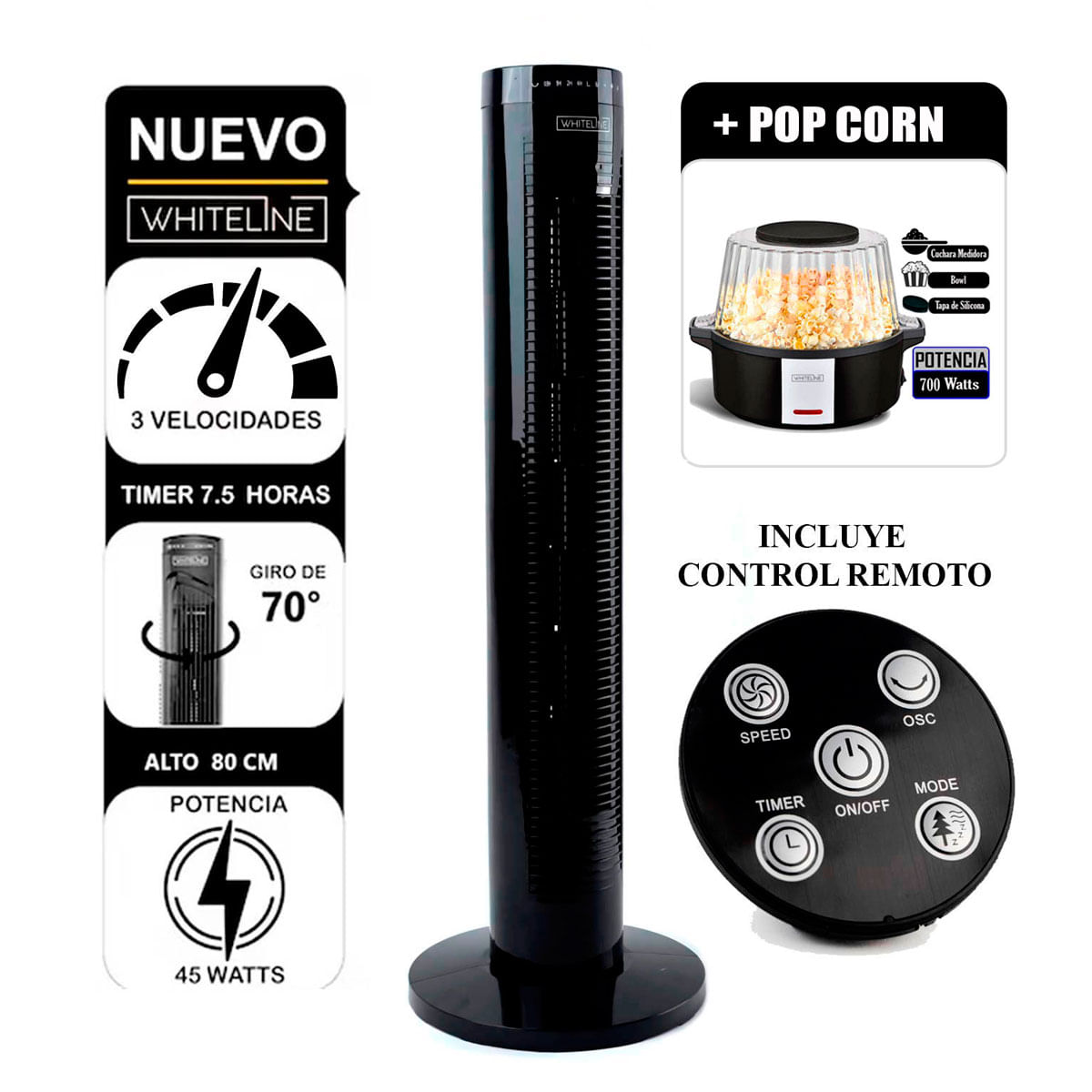 Combo ventilador de torre Whiteline  3V+Maquina para Pop Corn B015