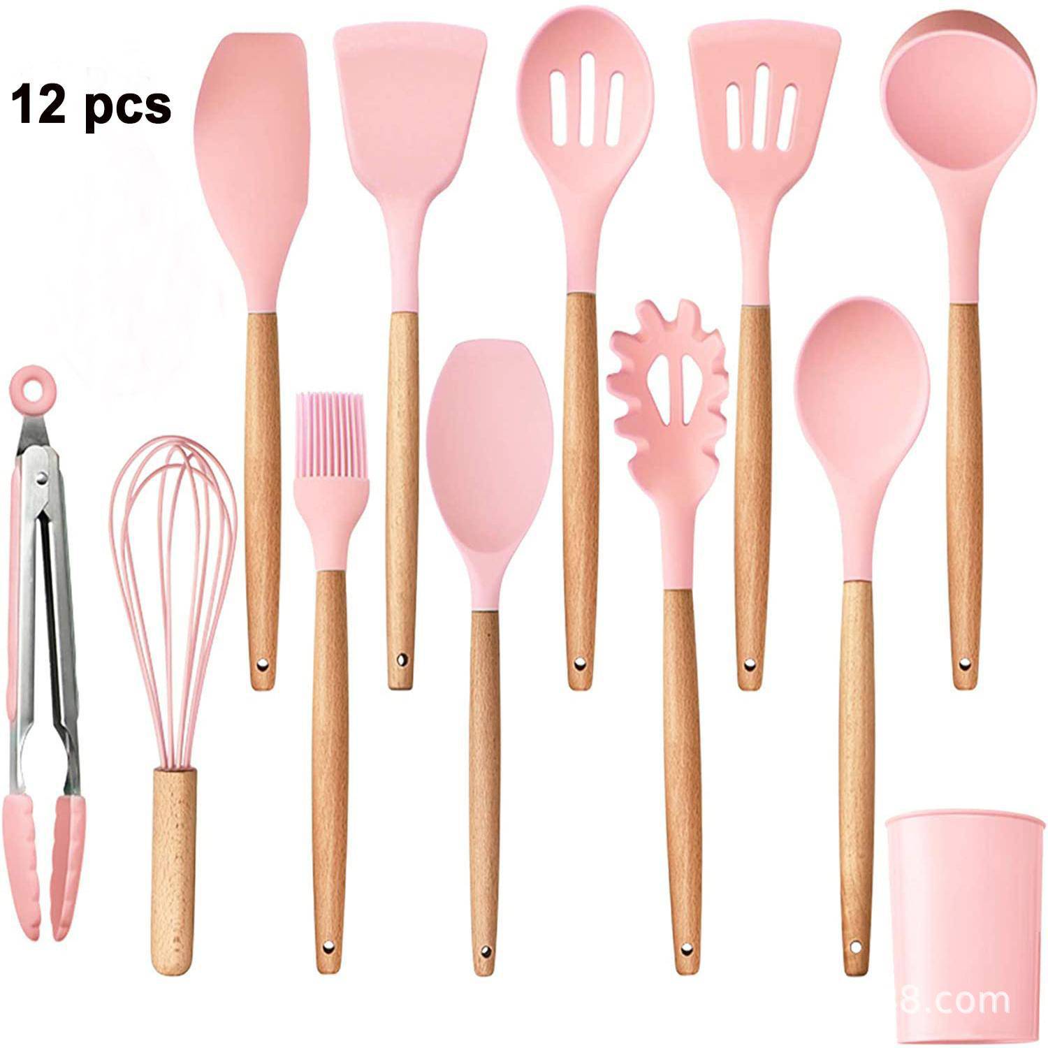 Set Utensilios Cocina Silicona Antiadherente Rosado-12 Piezas